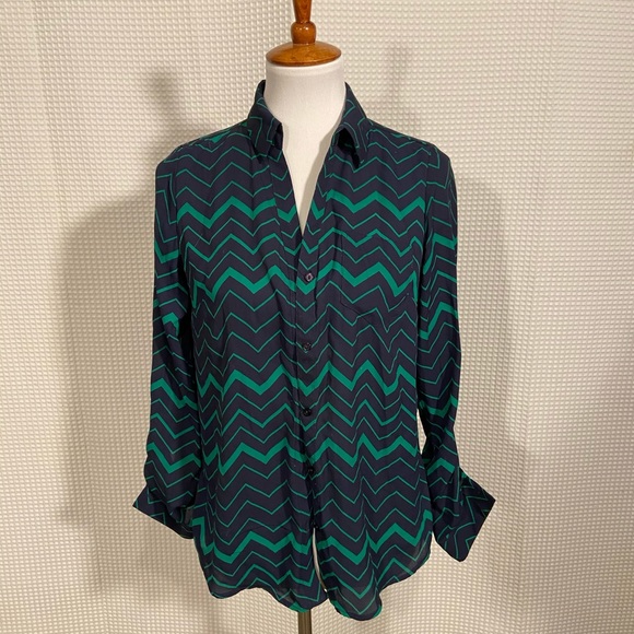 Blue and green silk like button down - Picture 1 of 2